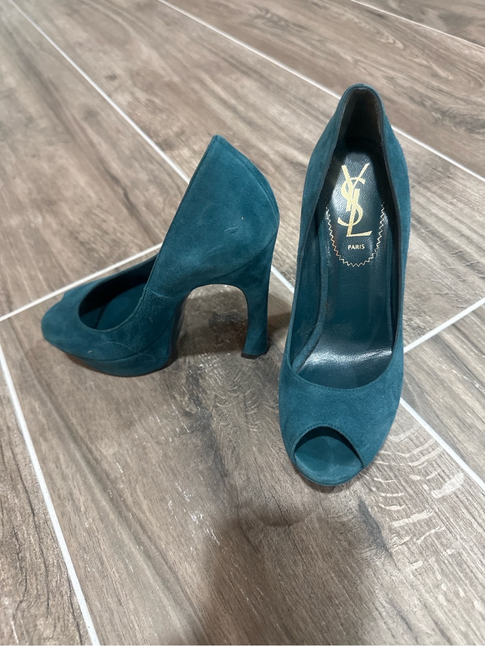 Yves Saint Laurent Deep Teal Suede Peep-Toe Pumps